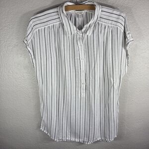 Lucky Brand Button Up Top Blouse Size M Collared White Striped Cap Short Sleeves
